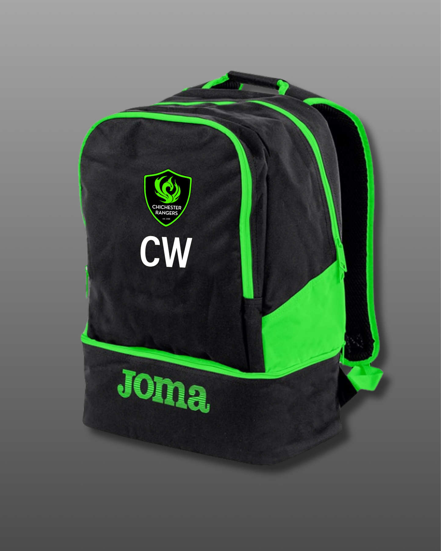 Chichester Rangers FC Joma Estadio III Backpack – Black/Green – Personalised with Squad Number or Initials