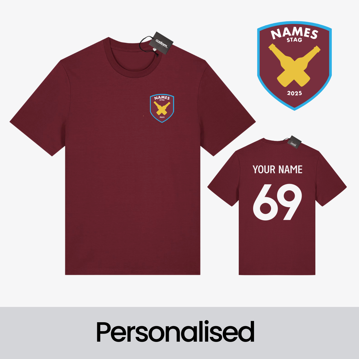Personalised West Ham Football-Inspired Stag Do T-Shirt – Custom Badge, Name & Number