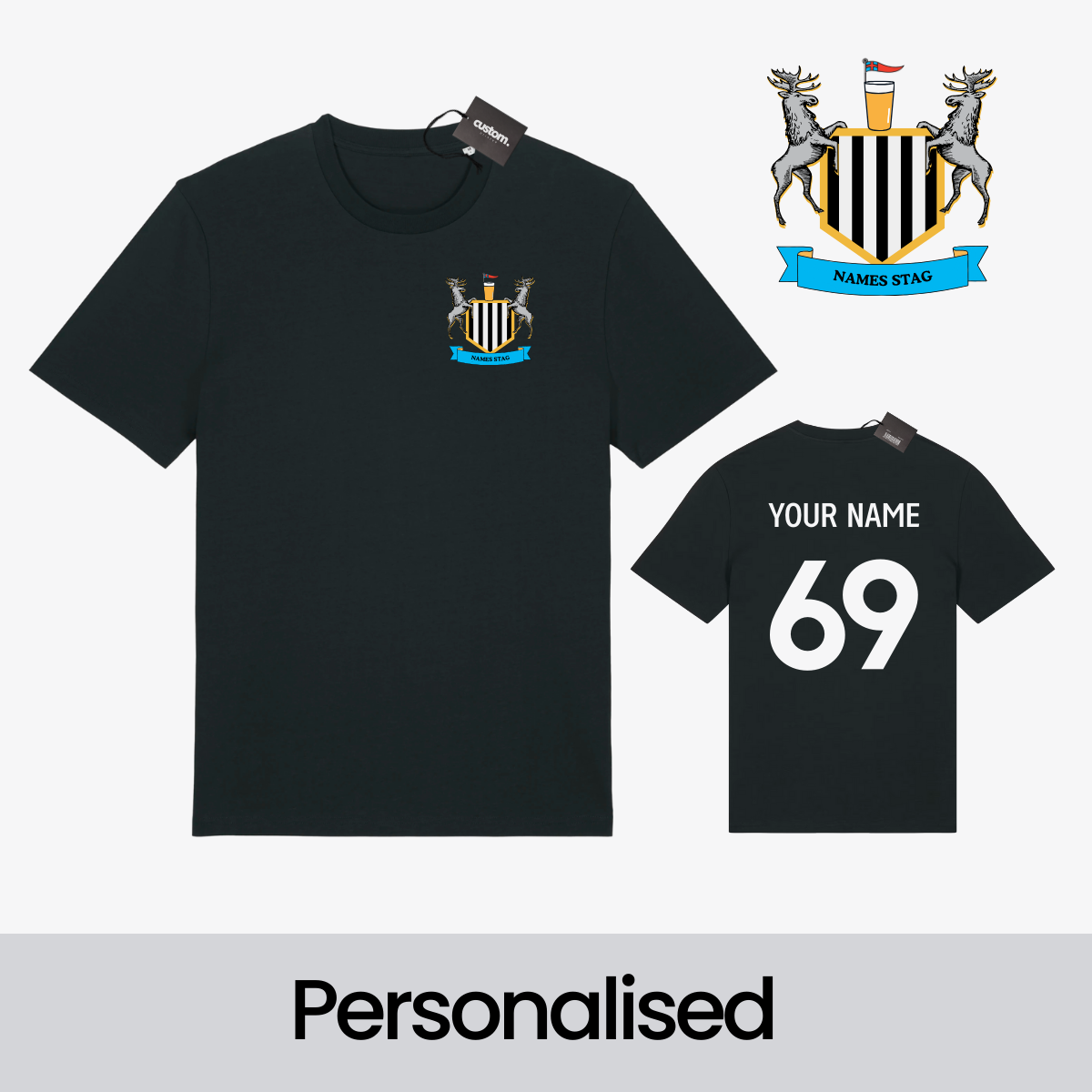 Personalised Newcastle Football-Inspired Stag Do T-Shirt – Custom Badge, Name & Number