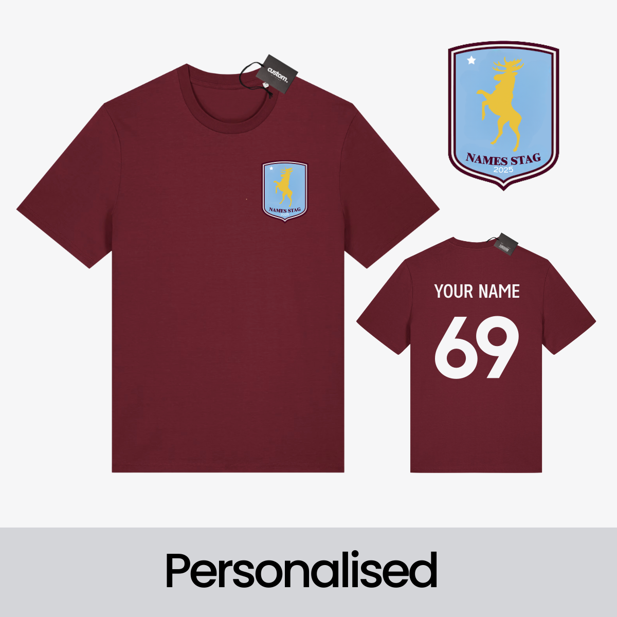 Personalised Aston Villa Football-Inspired Stag Do T-Shirt – Custom Badge, Name & Number