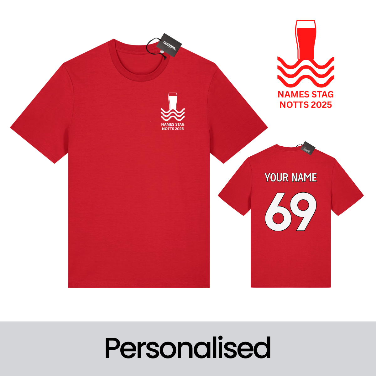 Personalised Notts Forest Football-Inspired Stag Do T-Shirt – Custom Badge, Name & Number