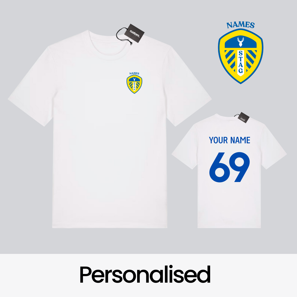 Personalised Leeds Football-Inspired Stag Do T-Shirt – Custom Badge, Name & Number