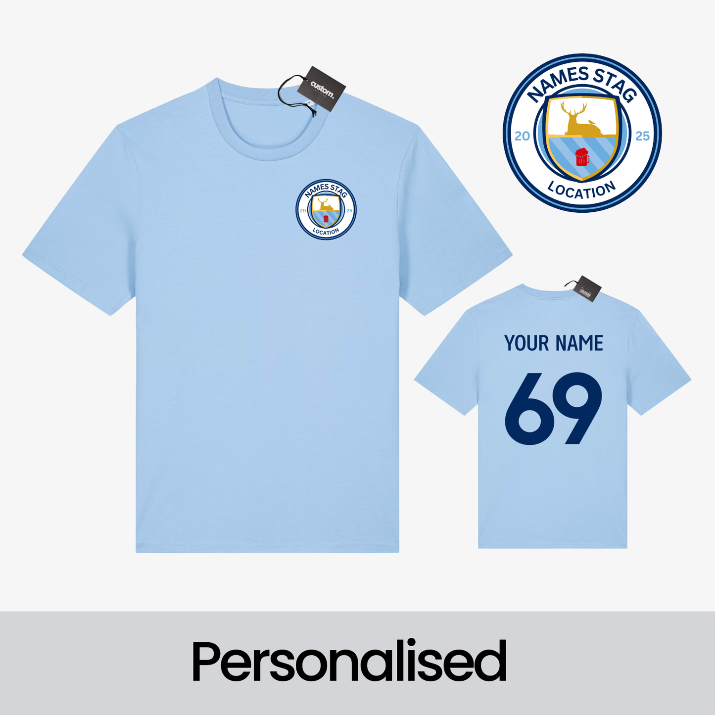 Personalised Man City Football-Inspired Stag Do T-Shirt – Custom Badge, Name & Number