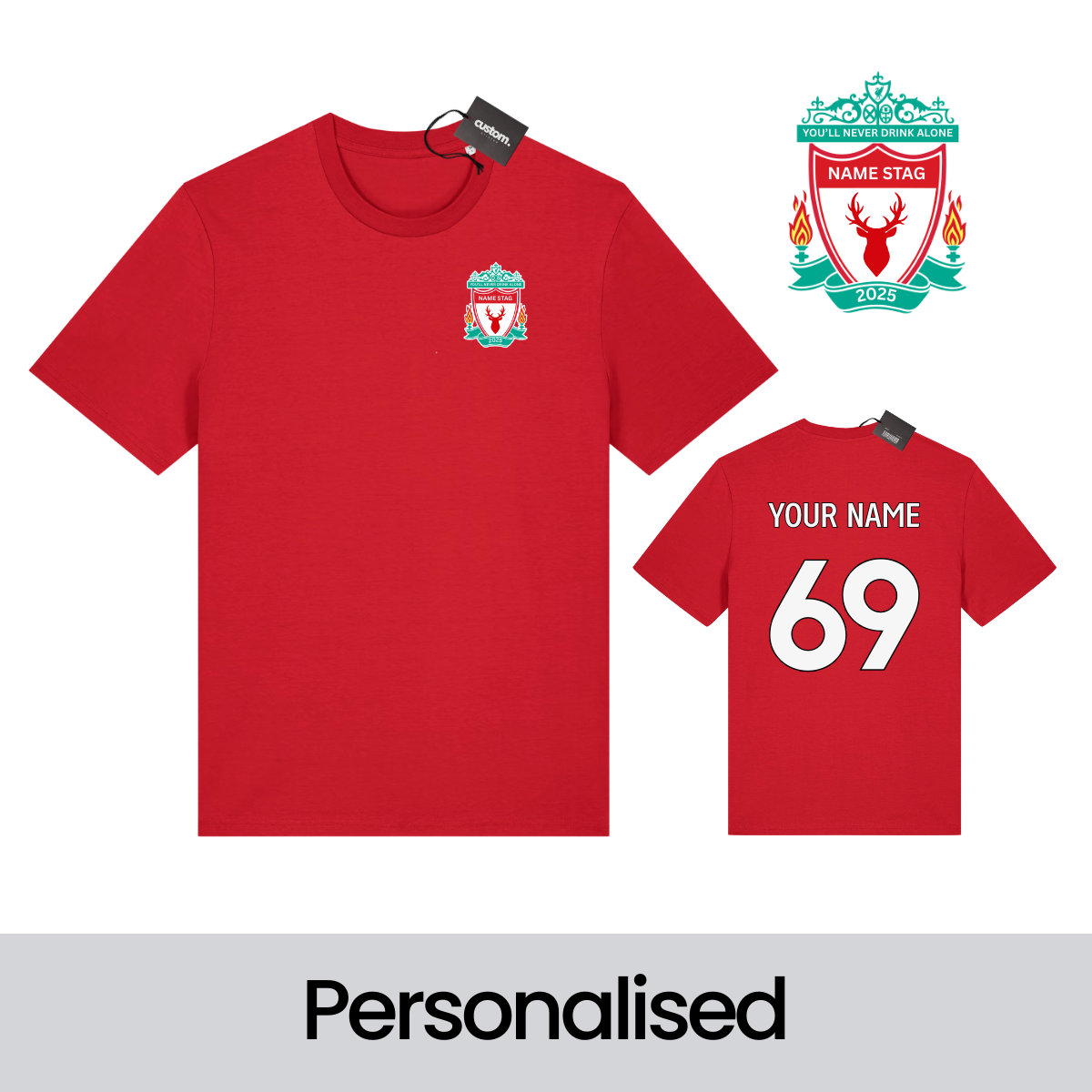 Personalised Liverpool Football-Inspired Stag Do T-Shirt – Custom Badge, Name & Number