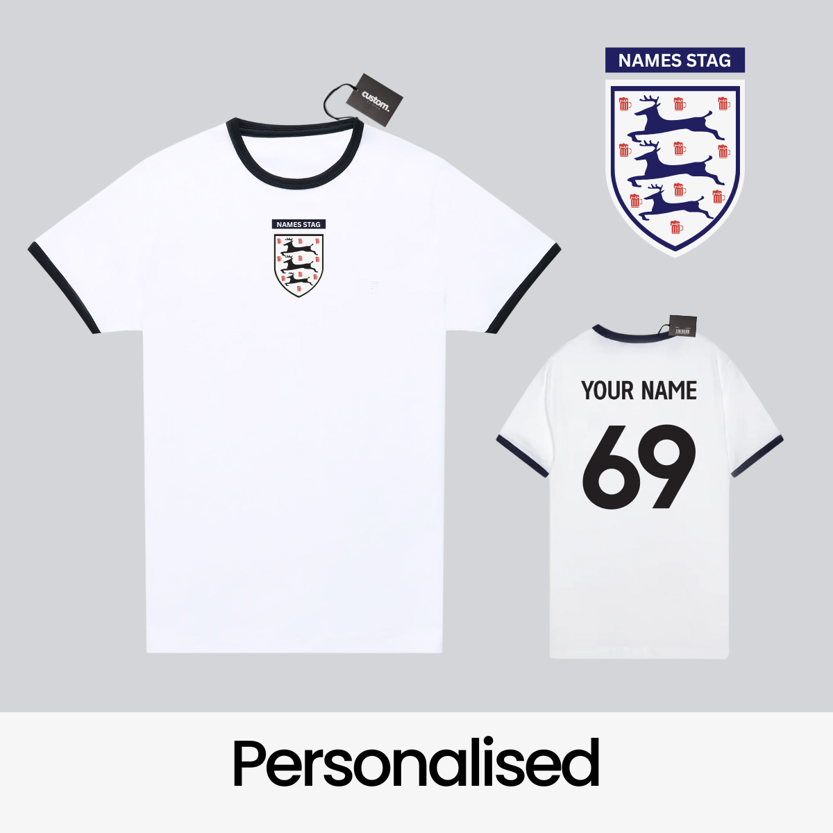 Personalised England Football-Inspired Stag Do T-Shirts – Custom Name & Number