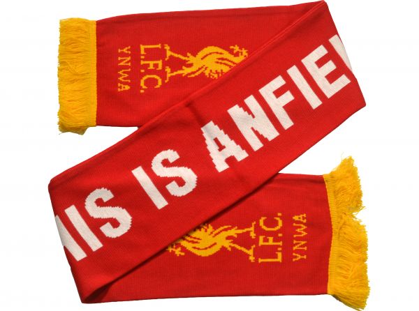 Liverpool This Is Anfield Liverbird Knit Football Scarf Red Gold White