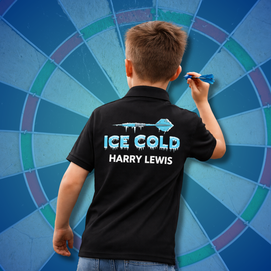 Kids Personalised Darts Polo Shirt – Custom Name | Ice Cold, Hot Shot, The Flash, The Legend, Bullseye Designs