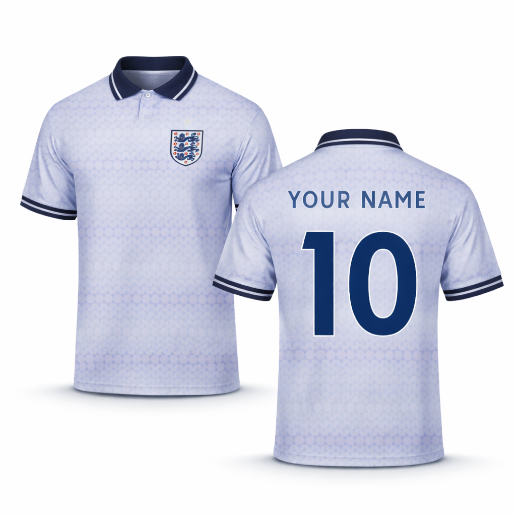 Retro England Football Shirt – Home Button Collar | Custom Name & Number