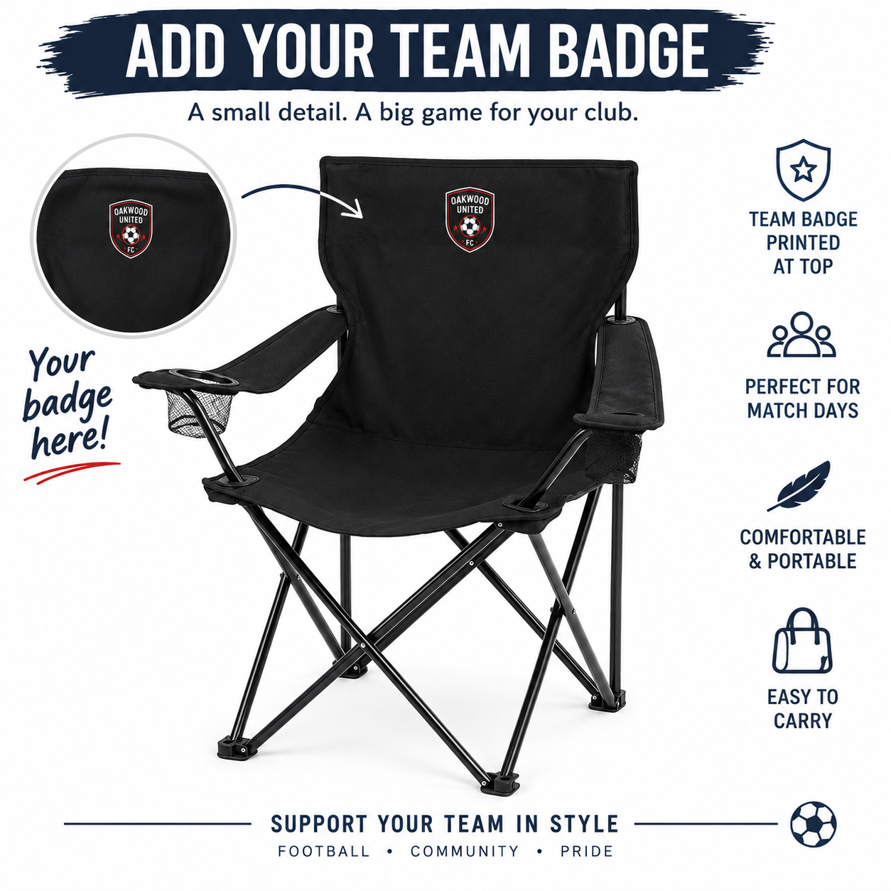 Personalised Sideline Chair - Custom Football Supporter Chair with Club Badge.