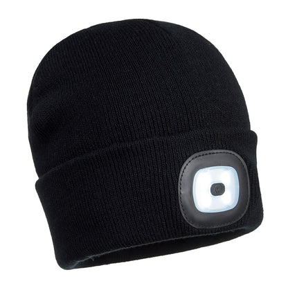 Portwest Workwear B028 - Rechargeable Twin front and back LED Beanie Black ideal for cyclists