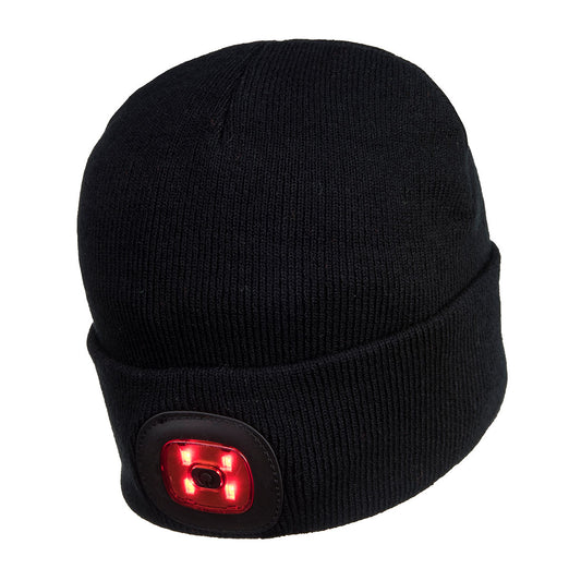 Portwest Workwear B028 - Rechargeable Twin front and back LED Beanie Black ideal for cyclists