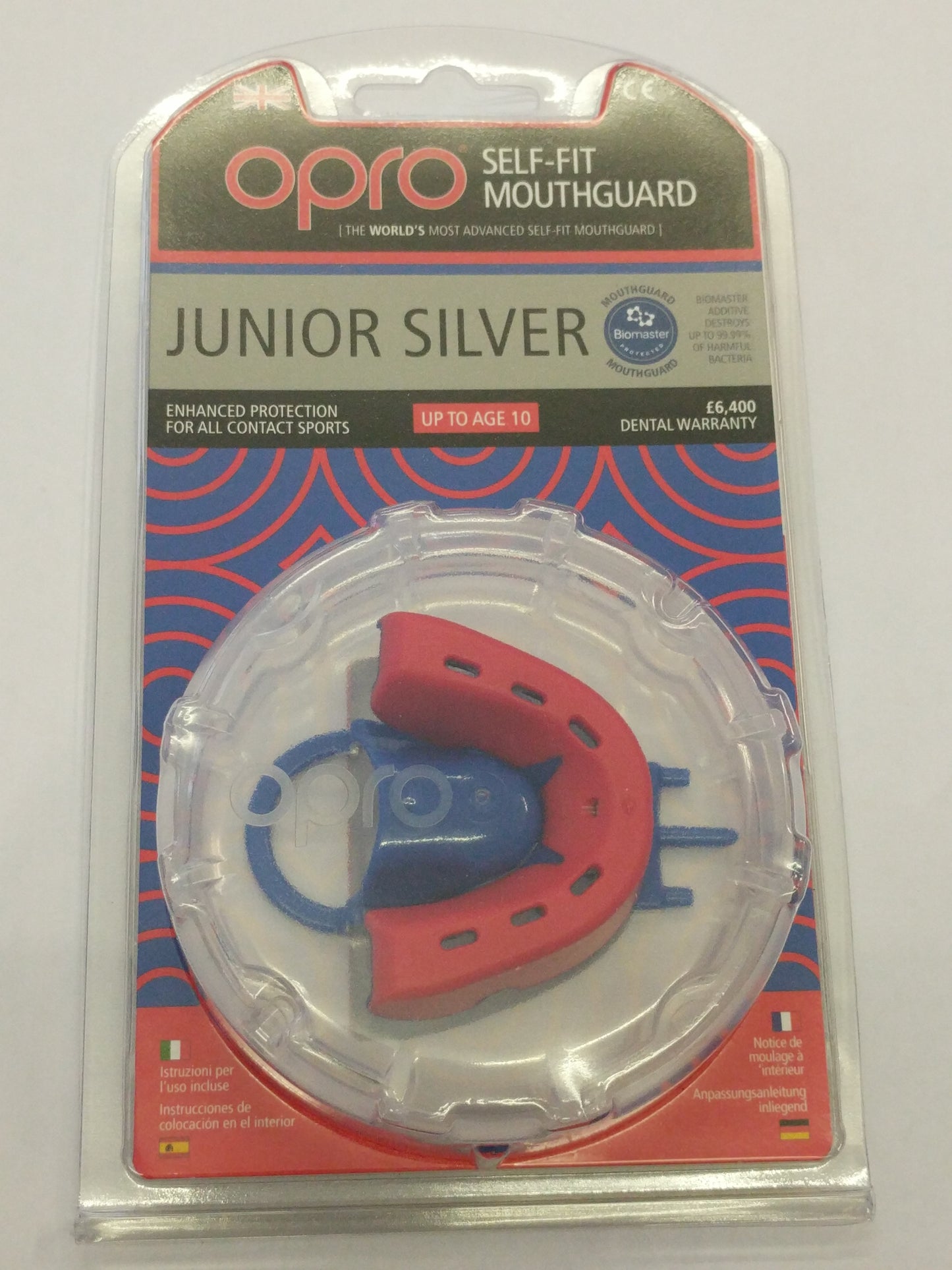 Opro junior Silver protection Self fit Mouthguard gumshield red or pink