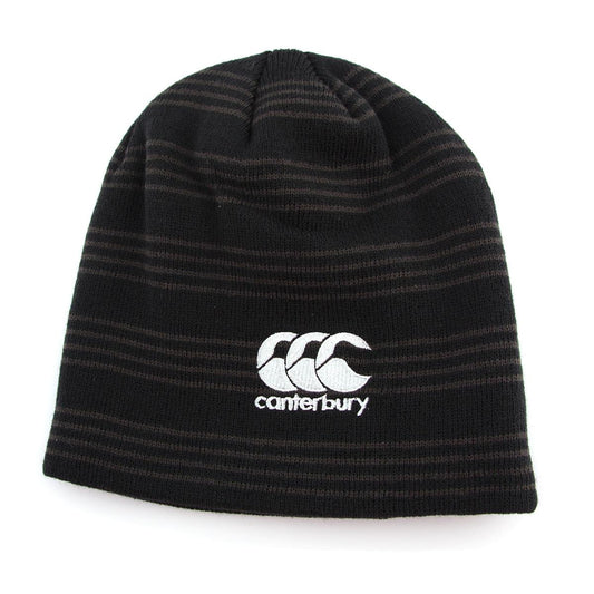 Canterbury Rugby Beanie Woolly Hat striped design Black Grey.