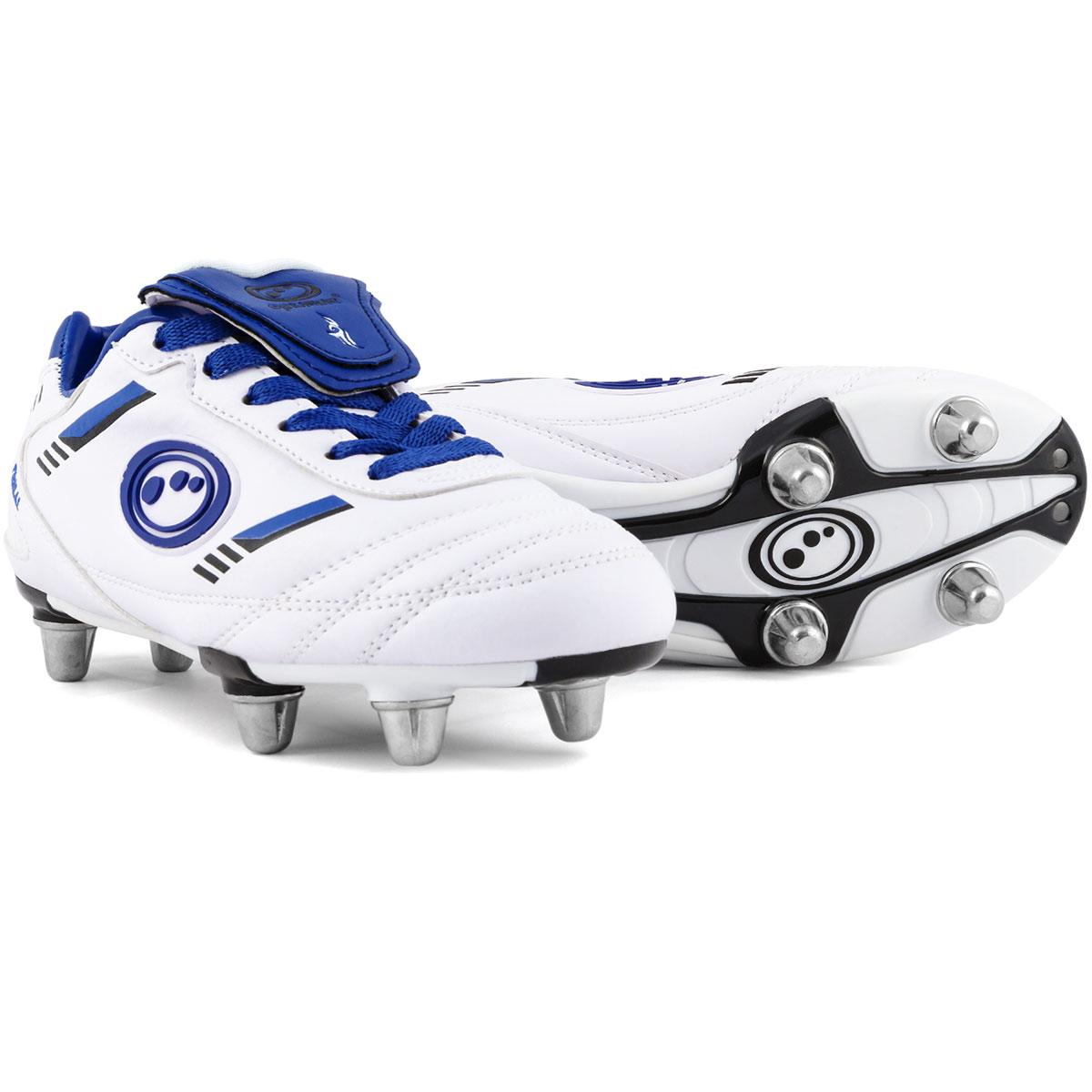 Optimum junior rugby boot tribal white blue or black red